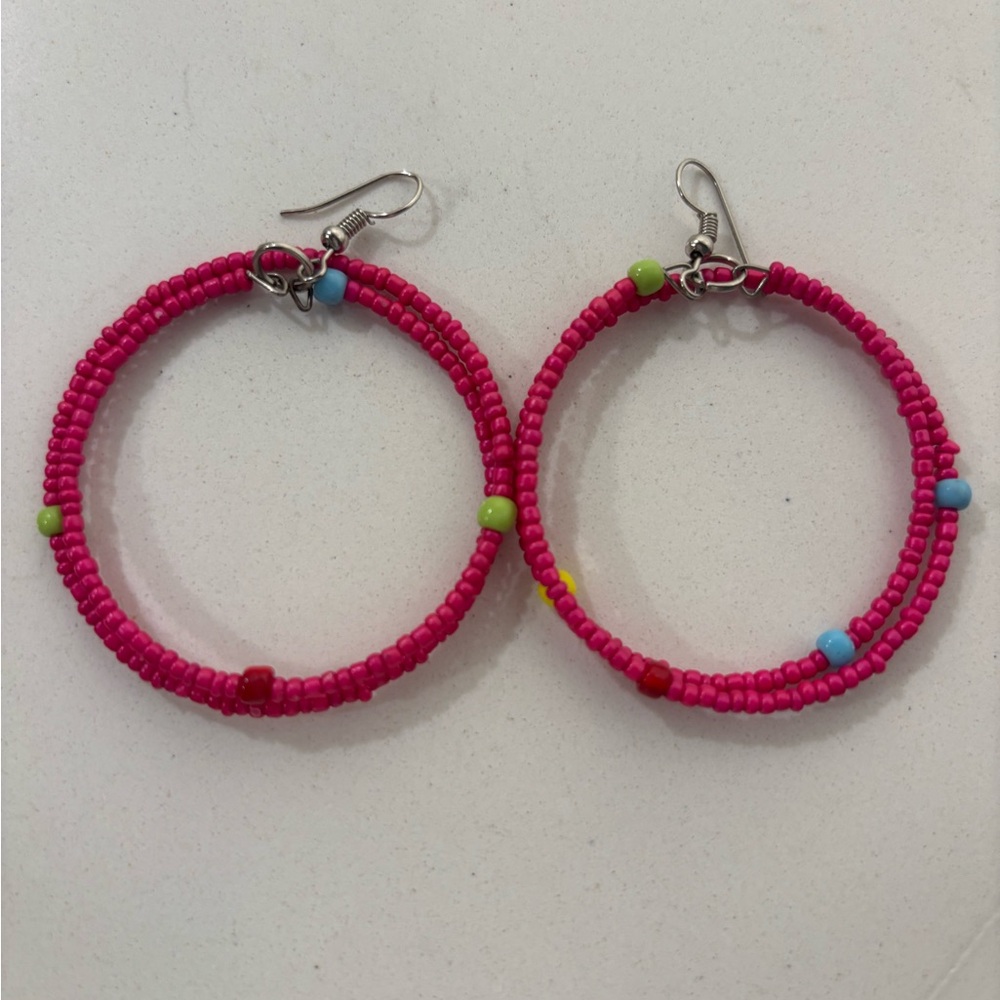 Handcrafted in Kenya Artisan Pink Beaded Seed Hoop Earrings Boho Festival